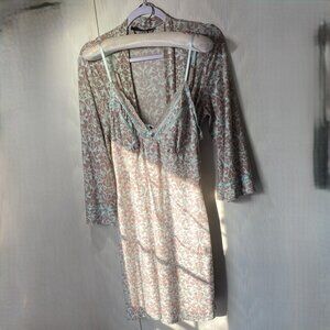 Studio Donatella Floral Lace Women's S/M Teal & Brown Robe & Chemise Nightgown